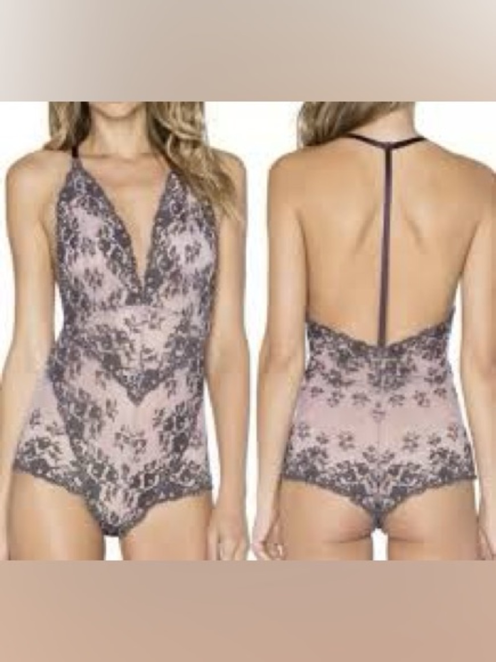 Free People intimately Too Cute To Handle Lace Bodysuit Set Mauve & Black